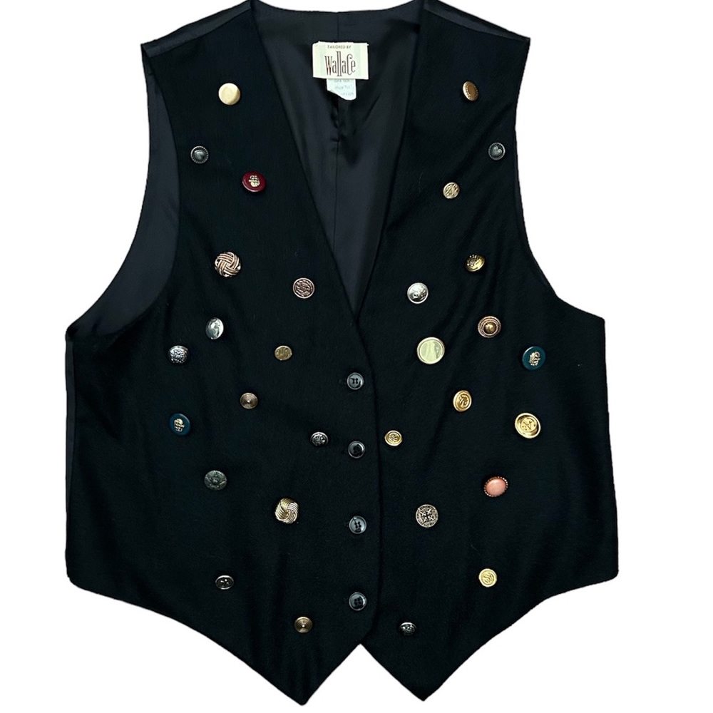 RARE Vintage 90s Harris Wallace Black 100% Wool Vest With Buttons  Details Sz M